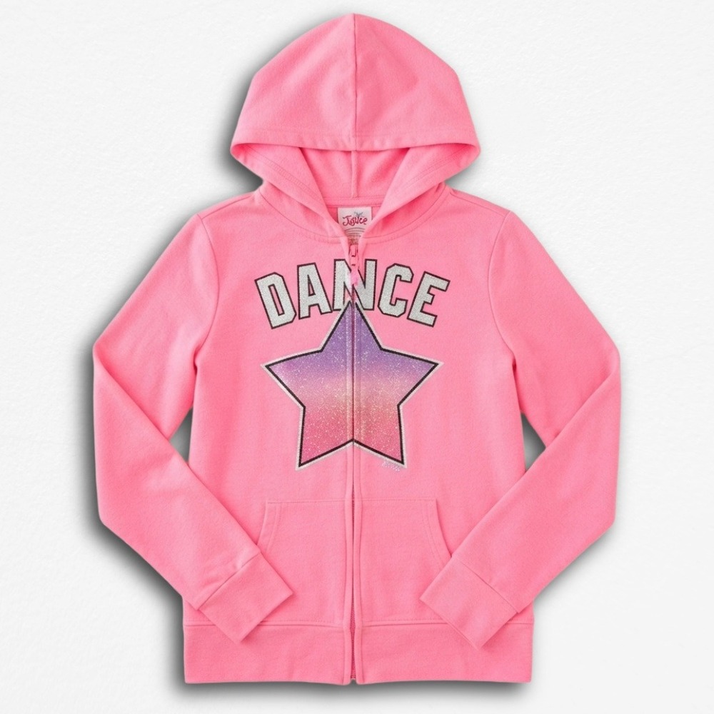 Justice Girls Pink Dance Zip Up Hoodie Glitter Ombre Star Sweatshirt Size 14 - Picture 1 of 5